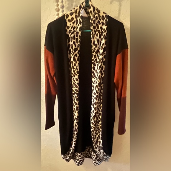 Sunshine & Rodeo- 
Leopard Print, Colorblock  Open Cardigan Sweater - Picture 5 of 8